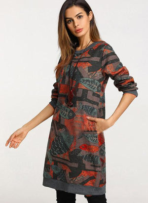 Embroided Patten Long Sleeve Knee-Length Shift Dress