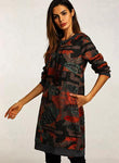 Embroided Patten Long Sleeve Knee-Length Shift Dress