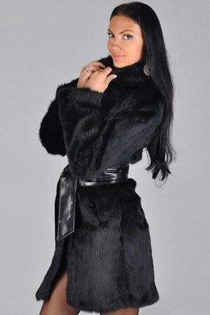 Faux Fur Long Sleeve High Neckline Sashes Pockets Fur Coats