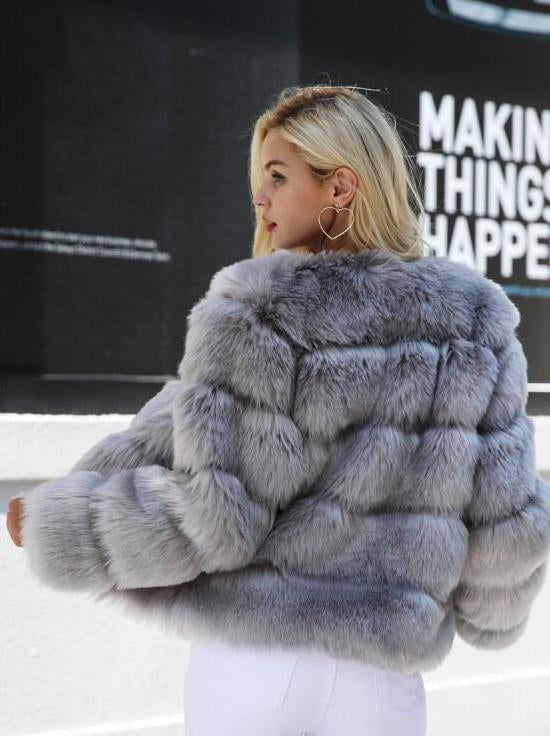 Long Sleeve Collarless Fur Coats