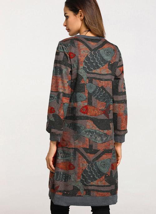 Embroided Patten Long Sleeve Knee-Length Shift Dress