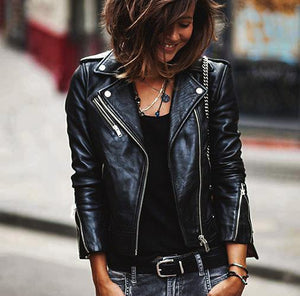 Lapel long sleeve leather jacket