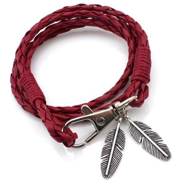 Feather Multiwrap Leather Bracelet-Beauty & Fashion-Beautyholic1.com-Red-BeautyHolic1.com