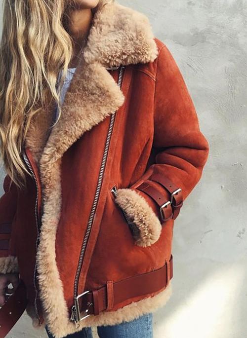 Leather Fur Zipper Jacket Coat