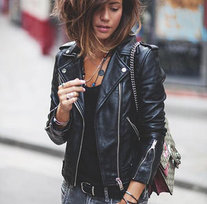 Lapel long sleeve leather jacket